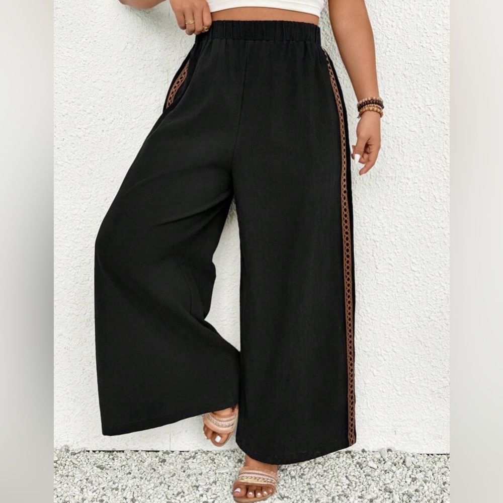 Black Wide-Leg Pants with Evil Eye Bsck Pocket & Brown Accentsg - Picture 4 of 4